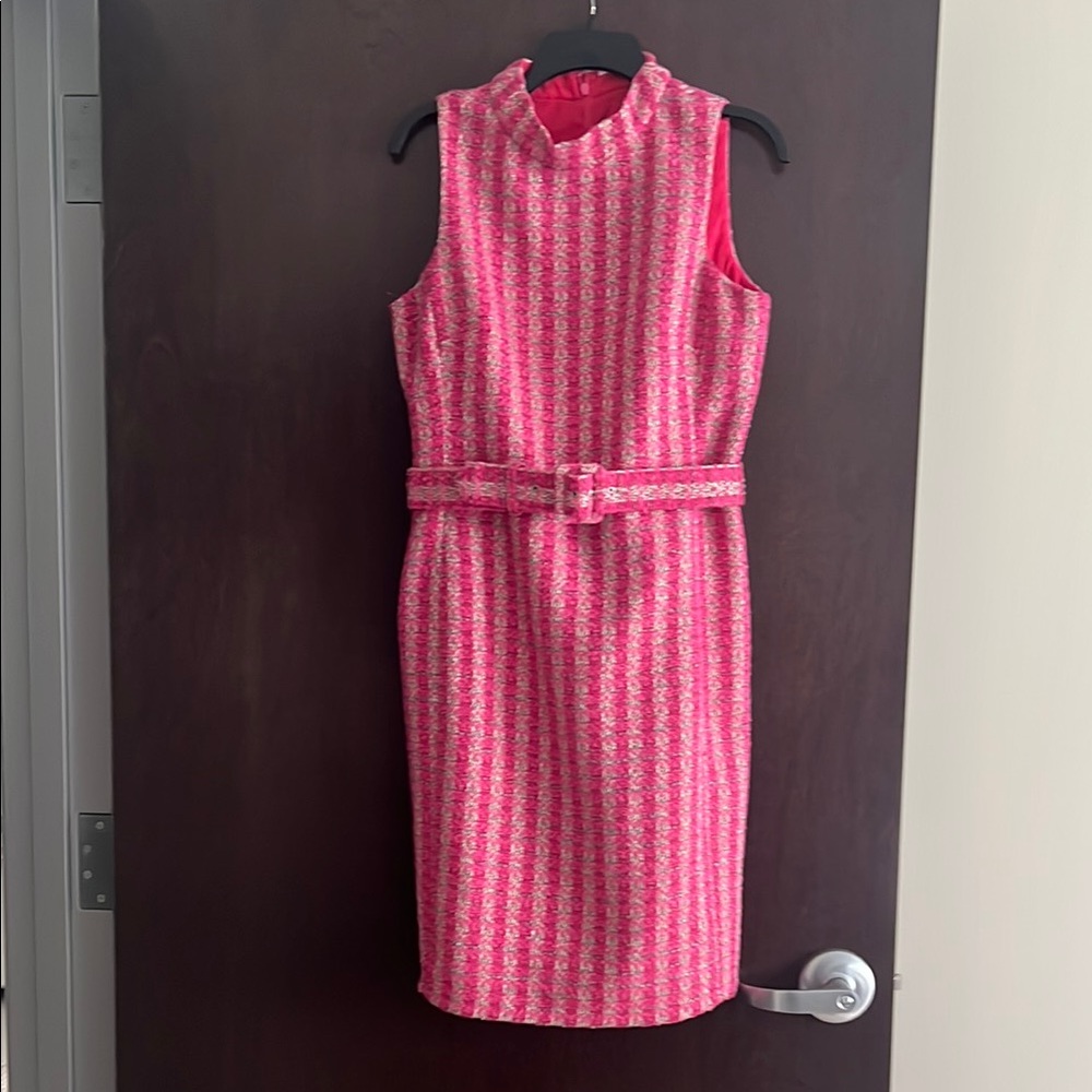 J. Crew Pink Tweed Belted Midi Dress